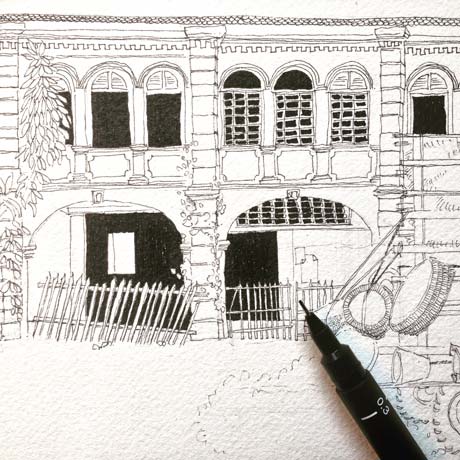 Zoom on the inking of colonial building