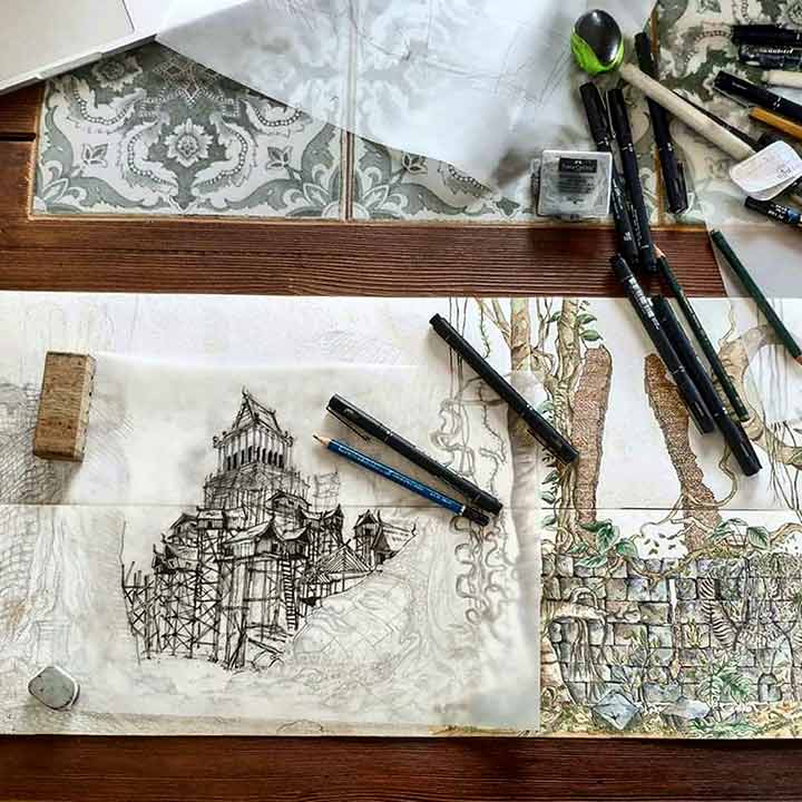 Working sketch of illustration of ruins and vegetation