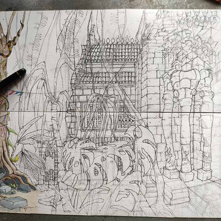 Inking of temples and jungle