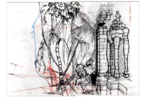 Esquisse de travail d'illustration de ruines et de végétation
