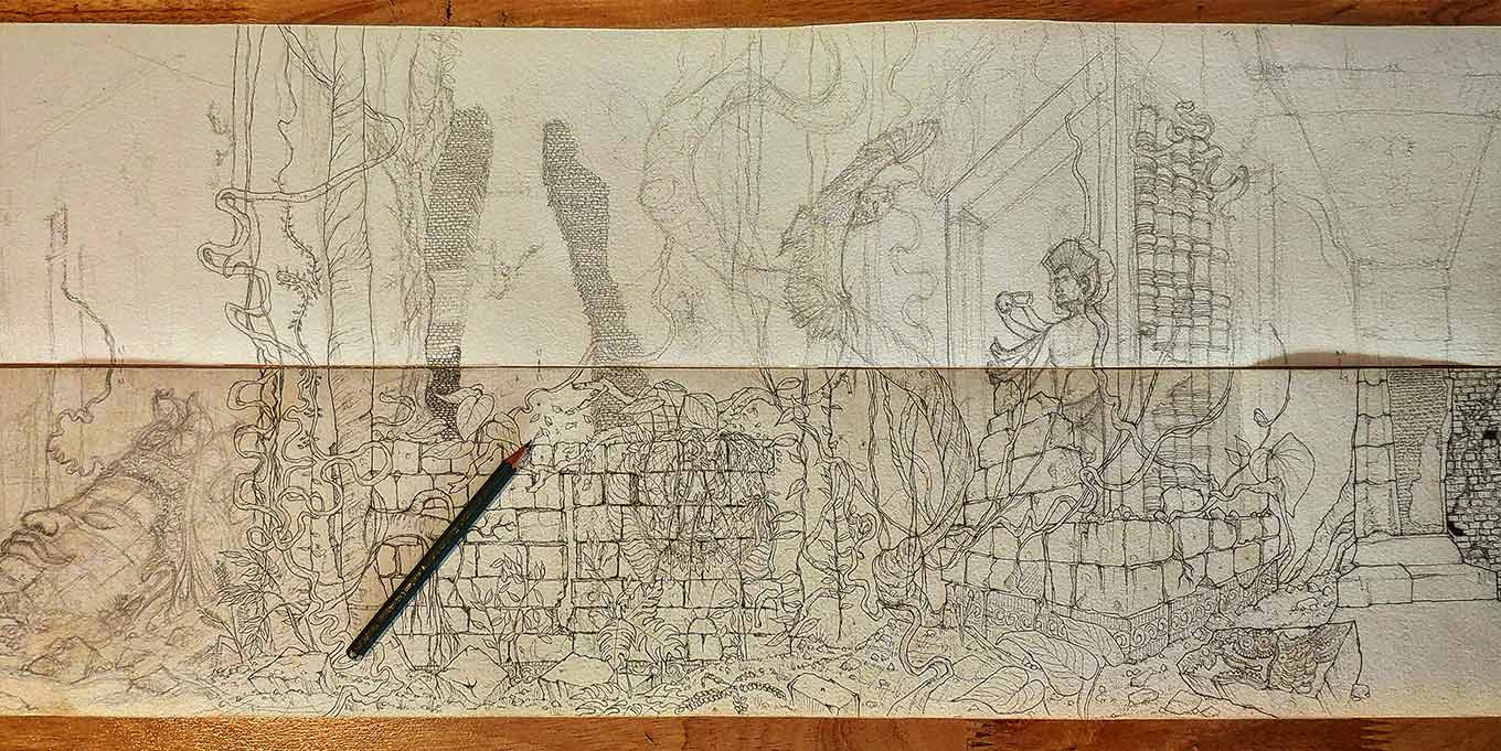 Inking of temple ruins and jungle
